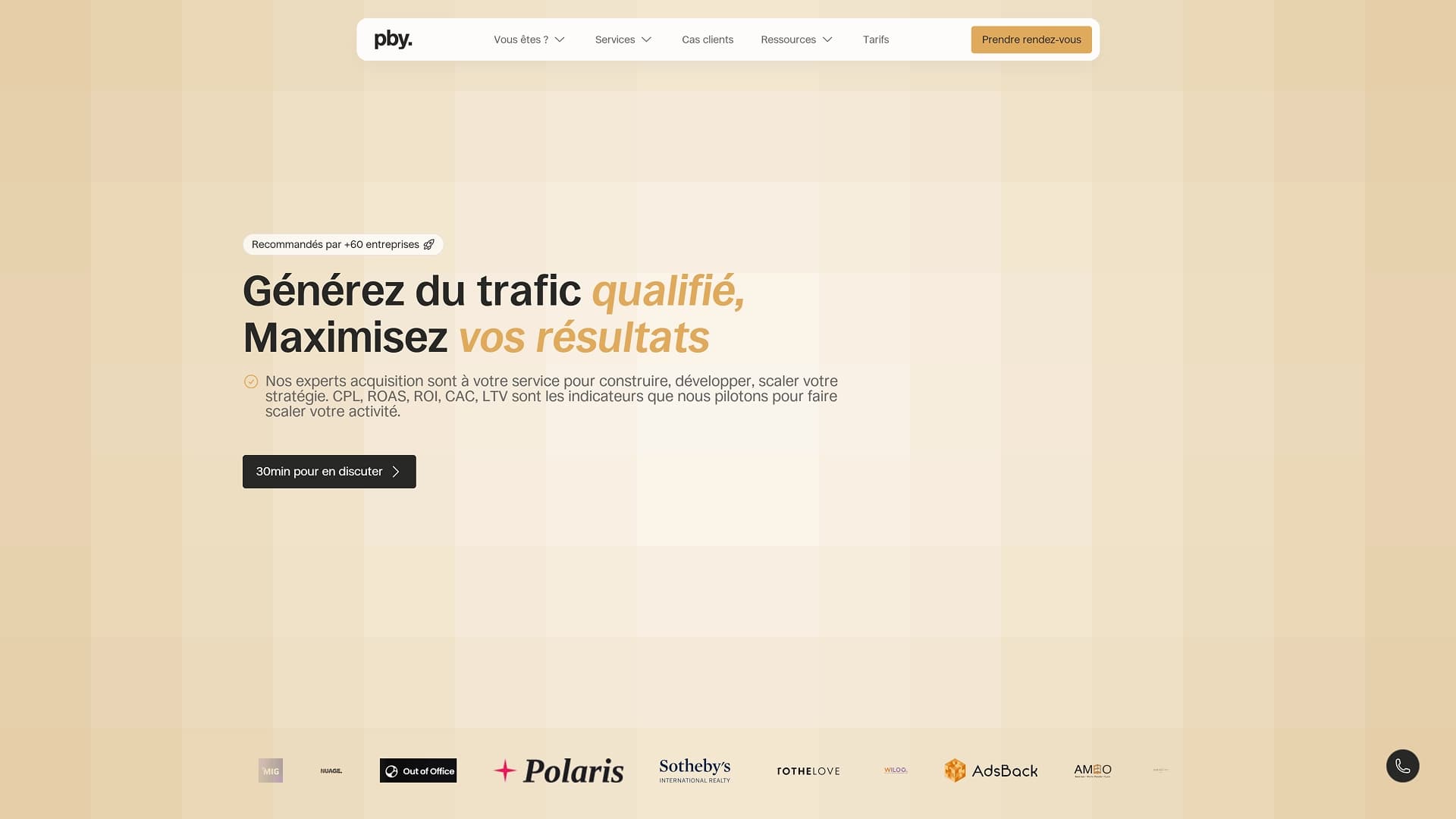 Nouvelle page d'accueil de PBYweb : titre « Générez du trafic qualifié, maximisez vos résultats » et bandeau de logos clients