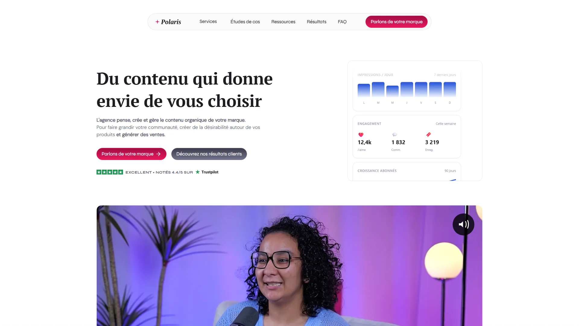 Page d'accueil du site de Polaris : « Du contenu qui donne envie de vous choisir », deux boutons et des cartes de statistiques